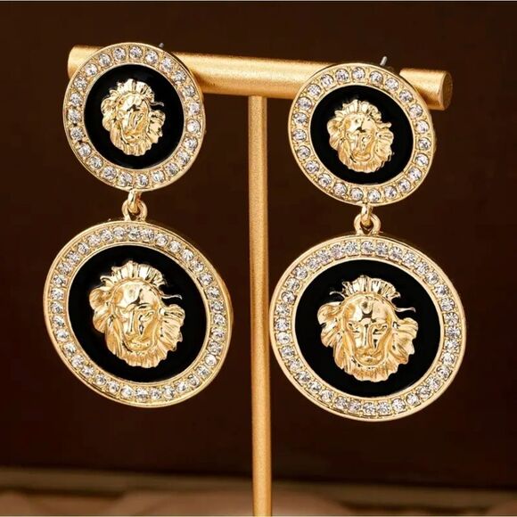 Designer Inspired Circle Diamond Lion Earrings - Picture 1 of 4